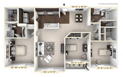 Floor plan for 3 beds, 2 baths, 1349 sqft
